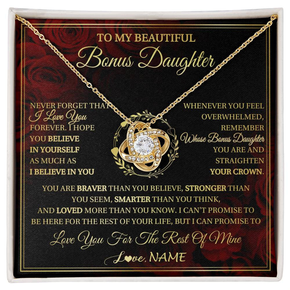 Love Knot Necklace 18K Yellow Gold Finish | 1 | Personalized To My Beautiful Bonus Daughter Necklace Gift From Stepmom Dad I Love You Bonus Daughter Birthday Gifts Christmas Customized Gift Box Message Card | siriusteestore