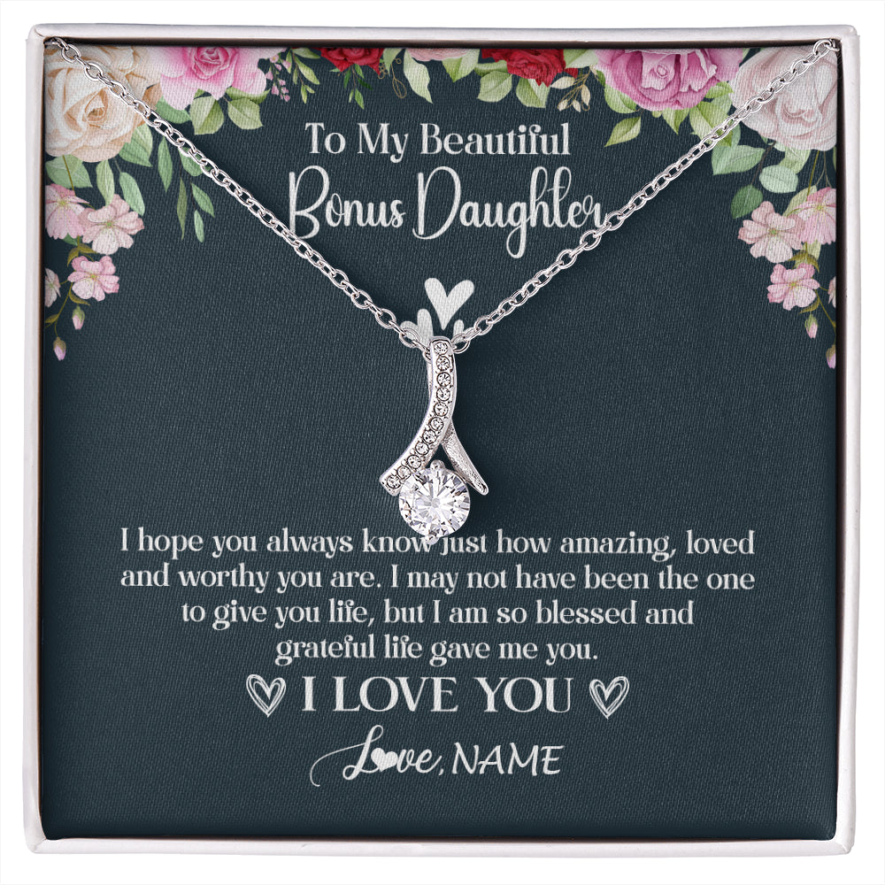Alluring Beauty Necklace 14K White Gold Finish | 1 | Personalized To My Beautiful Bonus Daughter Necklace I Love You Birthday Gifts Unbiological Daughter Stepdaughter Christmas Customized Gift Box Message Card | siriusteestore