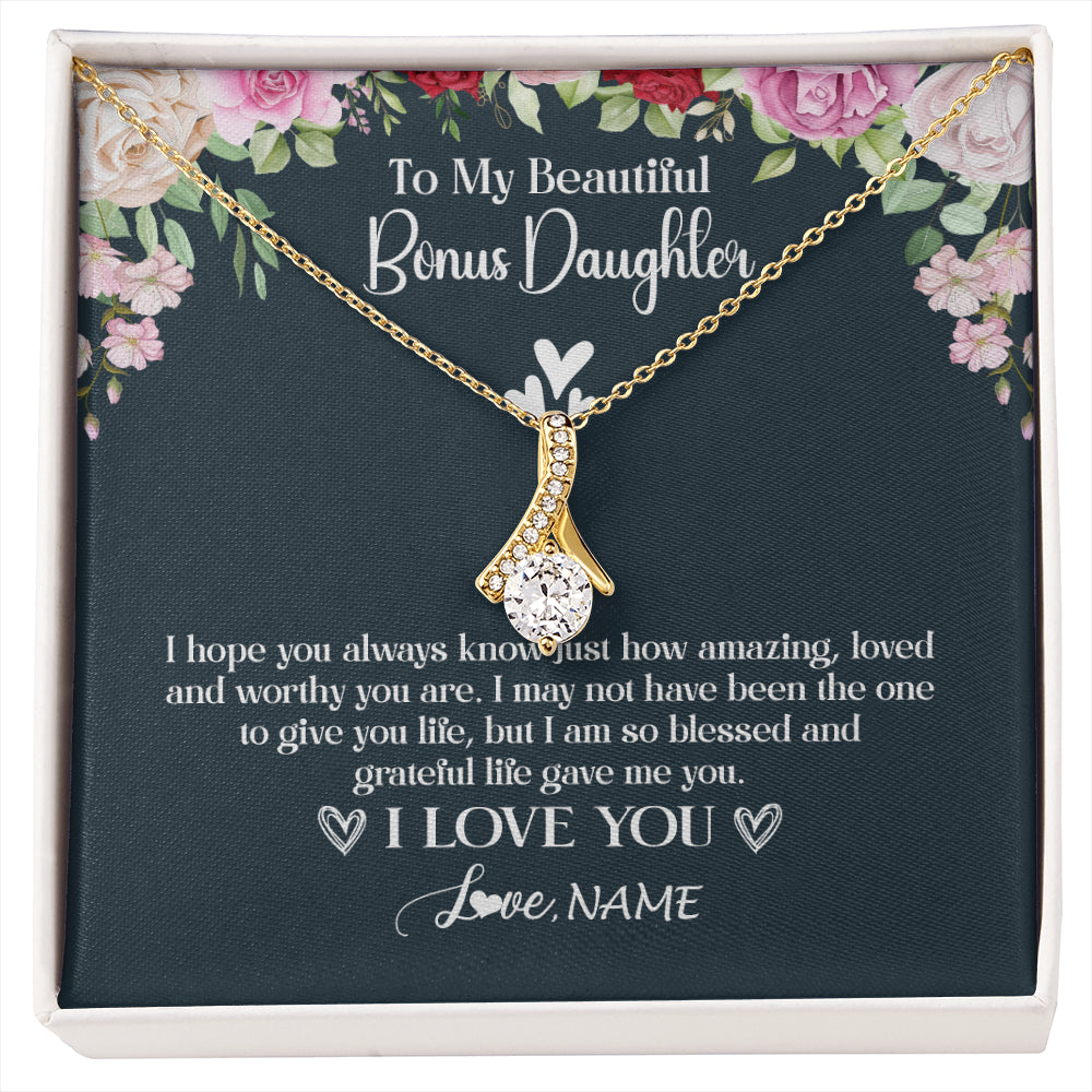 Alluring Beauty Necklace 18K Yellow Gold Finish | 1 | Personalized To My Beautiful Bonus Daughter Necklace I Love You Birthday Gifts Unbiological Daughter Stepdaughter Christmas Customized Gift Box Message Card | siriusteestore