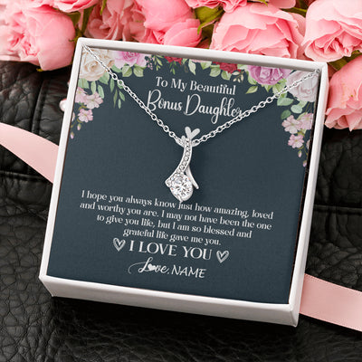 Alluring Beauty Necklace 14K White Gold Finish | 2 | Personalized To My Beautiful Bonus Daughter Necklace I Love You Birthday Gifts Unbiological Daughter Stepdaughter Christmas Customized Gift Box Message Card | siriusteestore