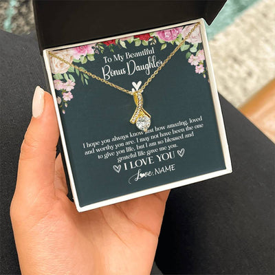 Alluring Beauty Necklace 18K Yellow Gold Finish | 2 | Personalized To My Beautiful Bonus Daughter Necklace I Love You Birthday Gifts Unbiological Daughter Stepdaughter Christmas Customized Gift Box Message Card | siriusteestore
