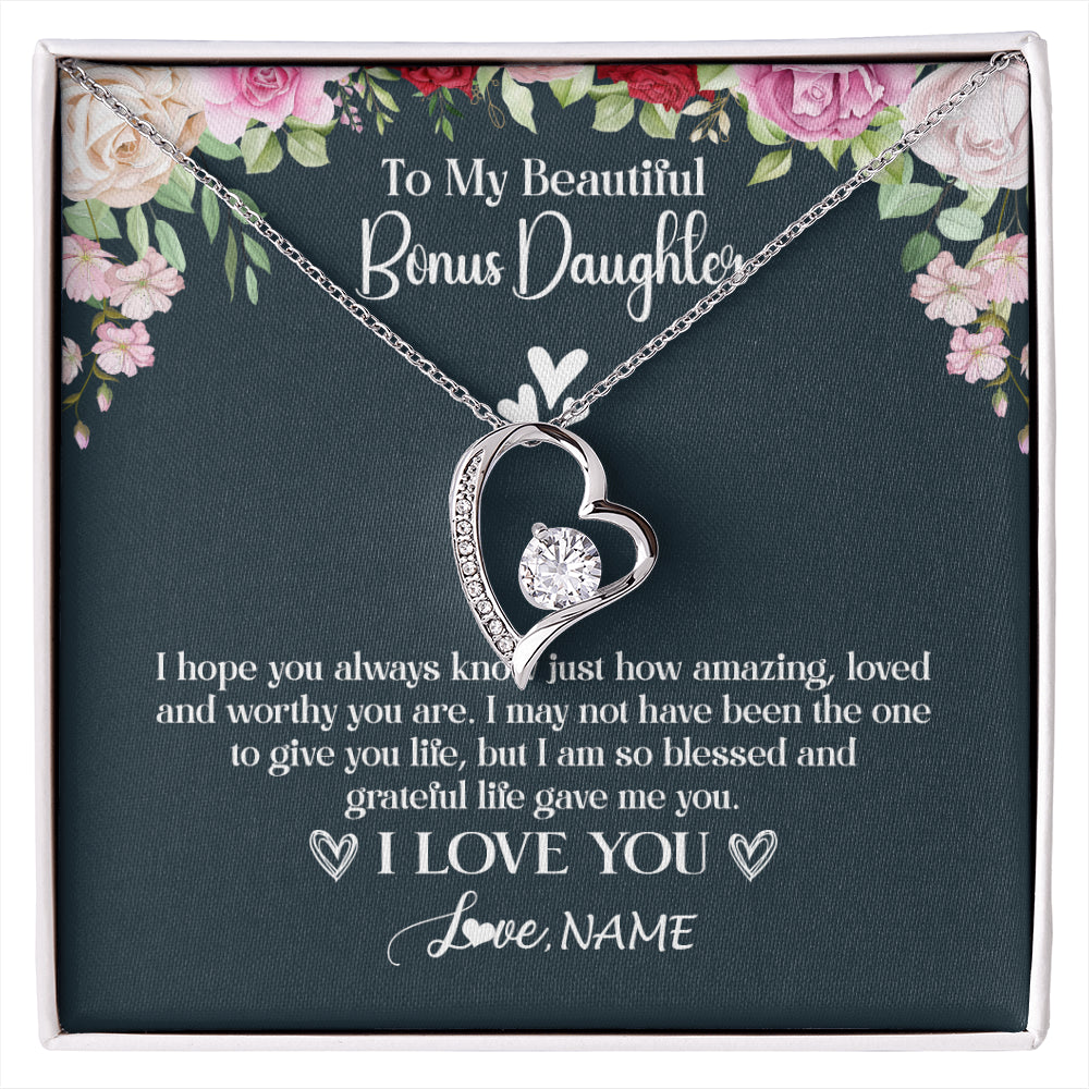 Forever Love Necklace 14K White Gold Finish | 1 | Personalized To My Beautiful Bonus Daughter Necklace I Love You Birthday Gifts Unbiological Daughter Stepdaughter Christmas Customized Gift Box Message Card | siriusteestore