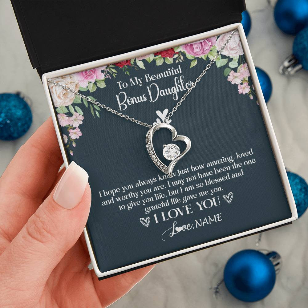 Forever Love Necklace 14K White Gold Finish | 2 | Personalized To My Beautiful Bonus Daughter Necklace I Love You Birthday Gifts Unbiological Daughter Stepdaughter Christmas Customized Gift Box Message Card | siriusteestore