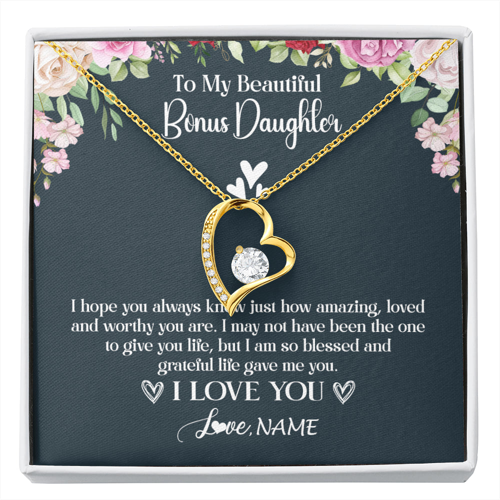 Forever Love Necklace 18K Yellow Gold Finish | 1 | Personalized To My Beautiful Bonus Daughter Necklace I Love You Birthday Gifts Unbiological Daughter Stepdaughter Christmas Customized Gift Box Message Card | siriusteestore