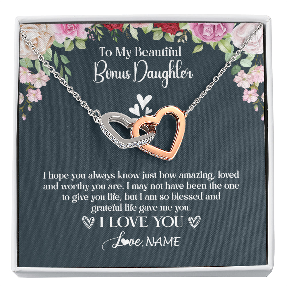 Interlocking Hearts Necklace Stainless Steel & Rose Gold Finish | 1 | Personalized To My Beautiful Bonus Daughter Necklace I Love You Birthday Gifts Unbiological Daughter Stepdaughter Christmas Customized Gift Box Message Card | siriusteestore