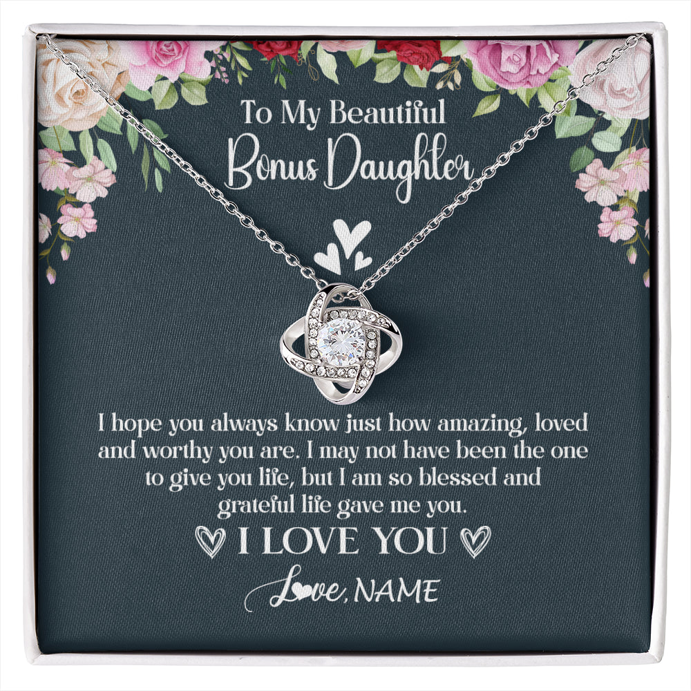 Love Knot Necklace 14K White Gold Finish | 1 | Personalized To My Beautiful Bonus Daughter Necklace I Love You Birthday Gifts Unbiological Daughter Stepdaughter Christmas Customized Gift Box Message Card | siriusteestore