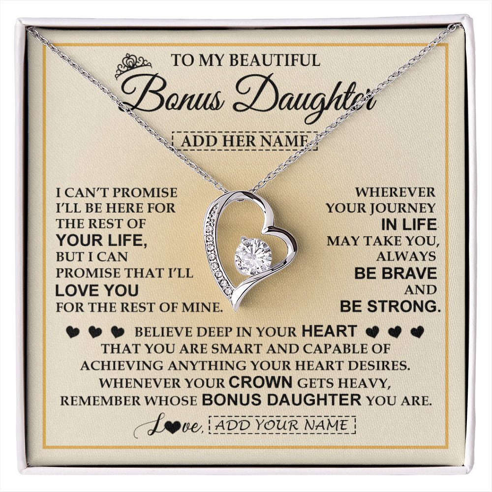 Forever Love Necklace 14K White Gold Finish | 1 | Personalized To My Beautiful Bonus Daughter Necklace Jewelry Present For Women Stepddaughter Birthday Mother's Day Wedding Day Christmas Gift Box Message Card | siriusteestore