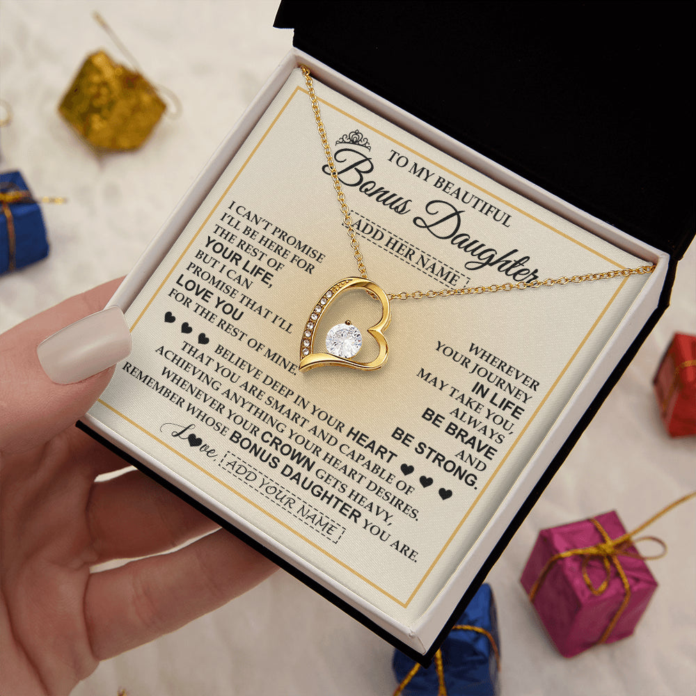 Forever Love Necklace 18K Yellow Gold Finish | 2 | Personalized To My Beautiful Bonus Daughter Necklace Jewelry Present For Women Stepddaughter Birthday Mother's Day Wedding Day Christmas Gift Box Message Card | siriusteestore