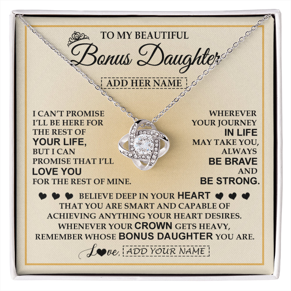 Love Knot Necklace 14K White Gold Finish | 1 | Personalized To My Beautiful Bonus Daughter Necklace Jewelry Present For Women Stepddaughter Birthday Mother's Day Wedding Day Christmas Gift Box Message Card | siriusteestore
