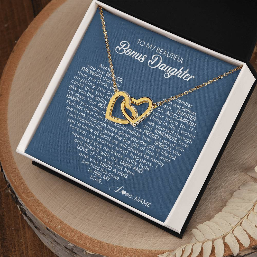Interlocking Hearts Necklace 18K Yellow Gold Finish | Personalized To My Beautiful Bonus Daughter Necklace Need A Hug Just Hold This Stepdaughter Pendant Jewelry Birthday Christmas Customized Gift Box Message Card | siriusteestore