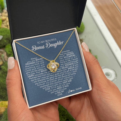 Love Knot Necklace 18K Yellow Gold Finish | Personalized To My Beautiful Bonus Daughter Necklace Need A Hug Just Hold This Stepdaughter Pendant Jewelry Birthday Christmas Customized Gift Box Message Card | siriusteestore