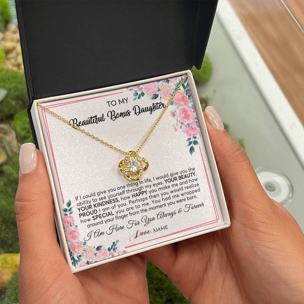 Love Knot Necklace 18K Yellow Gold Finish | 2 | Personalized To My Beautiful Bonus Daughter Necklace from Stepmother I Am Here For You Floral Stepdaughter Birthday Christmas Customized Gift Box Message Card | siriusteestore