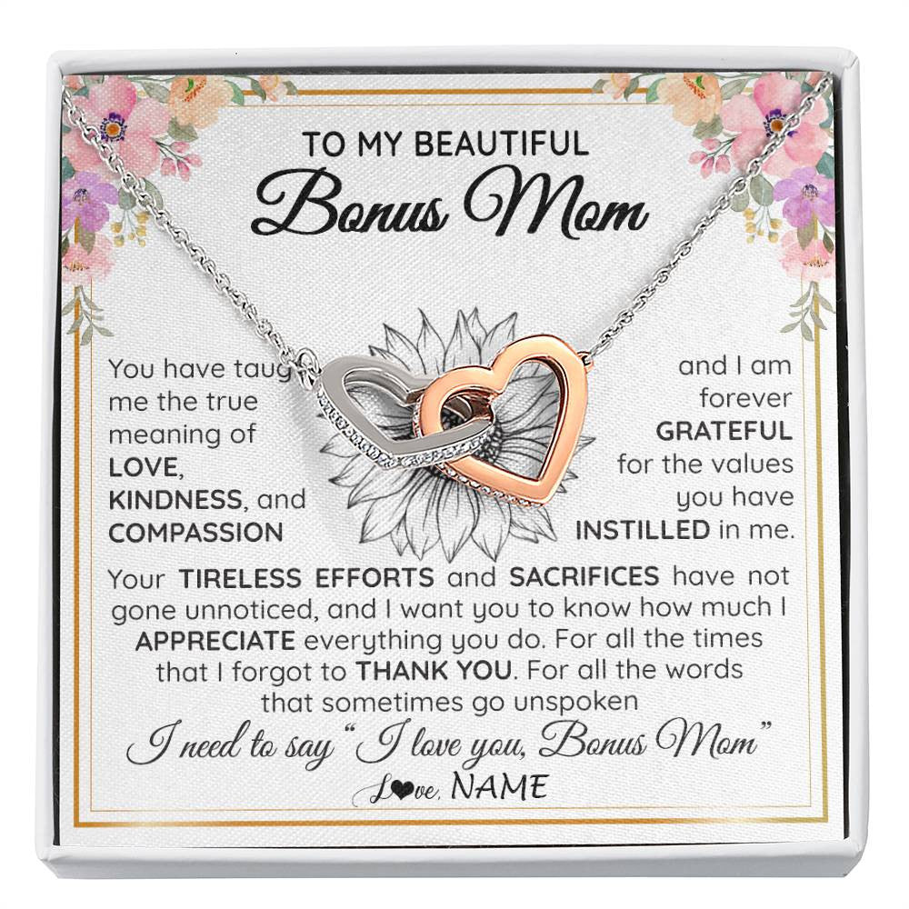 Interlocking Hearts Necklace Stainless Steel & Rose Gold Finish | Personalized To My Beautiful Bonus Mom From Step Daughter Son Necklace Say I Love You Stepmom Birthday Mothers Day Christmas Customized Gift Box Message Card | siriusteestore