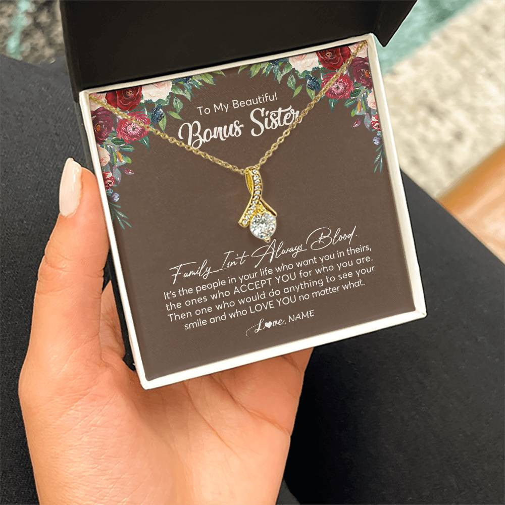Alluring Beauty Necklace 18K Yellow Gold Finish | Personalized To My Beautiful Bonus Sister Necklace Family Itn't Always Blood Sister In Law Jewelry Birthday Wedding Christmas Customized Gift Box Message Card | siriusteestore
