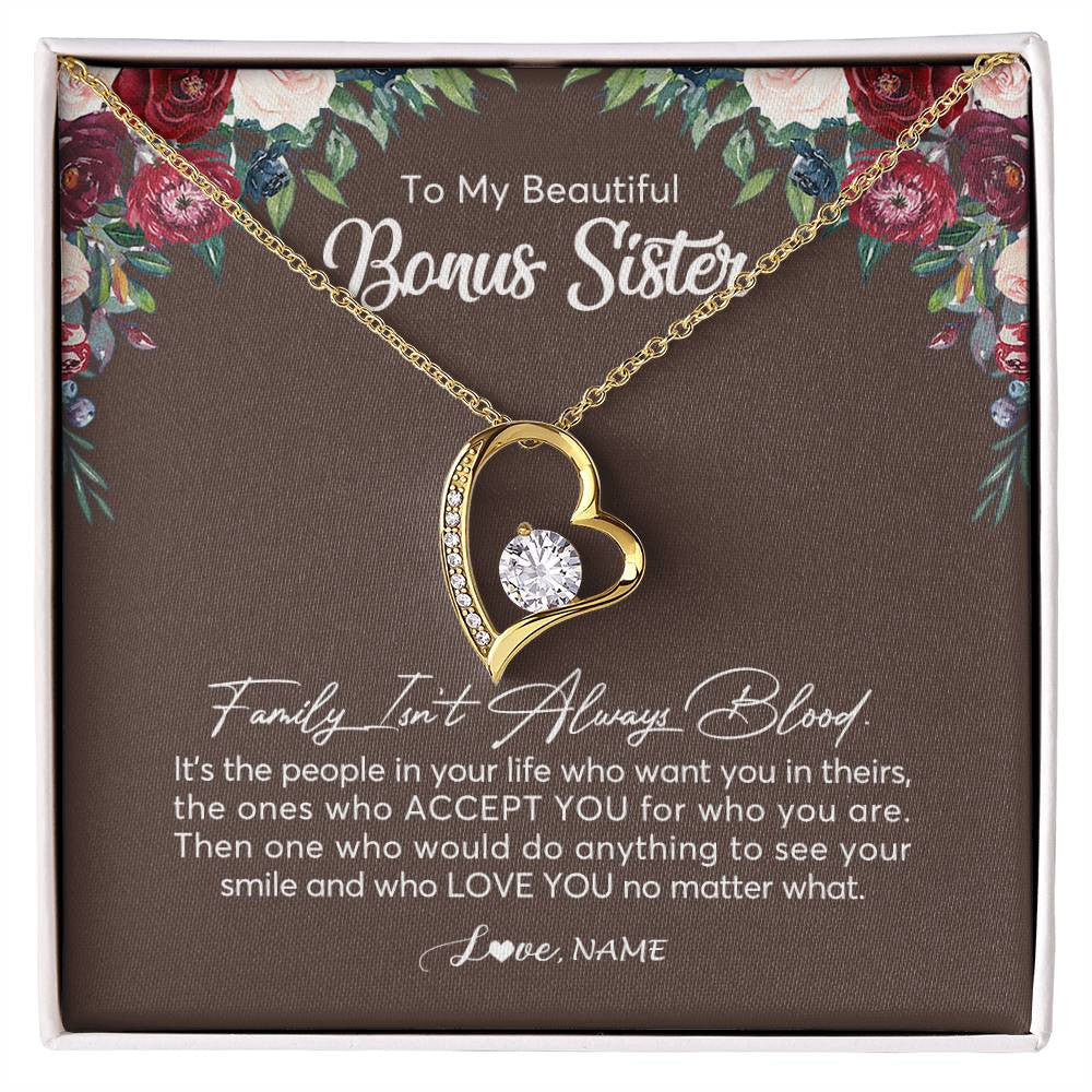 Forever Love Necklace 18K Yellow Gold Finish | Personalized To My Beautiful Bonus Sister Necklace Family Itn't Always Blood Sister In Law Jewelry Birthday Wedding Christmas Customized Gift Box Message Card | siriusteestore