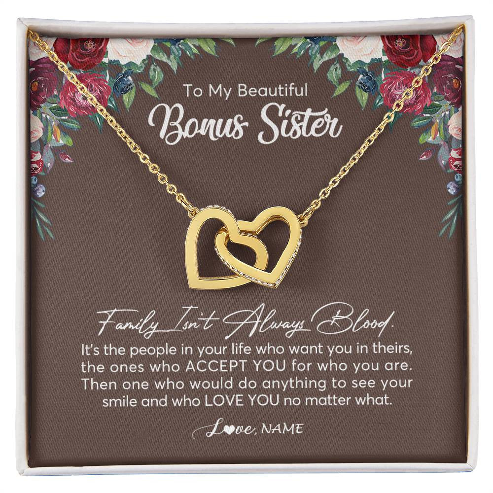 Interlocking Hearts Necklace 18K Yellow Gold Finish | Personalized To My Beautiful Bonus Sister Necklace Family Itn't Always Blood Sister In Law Jewelry Birthday Wedding Christmas Customized Gift Box Message Card | siriusteestore