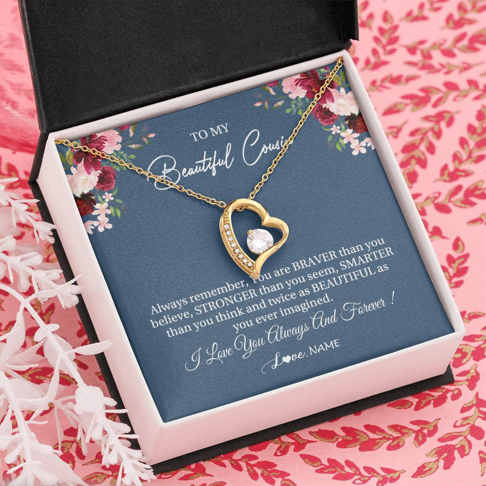 Forever Love Necklace 18K Yellow Gold Finish | Personalized To My Beautiful Cousin Necklace From Family Braver Stronger Smarter Cousin Pendant Jewelry Birthday Graduation Christmas Customized Message Card | siriusteestore