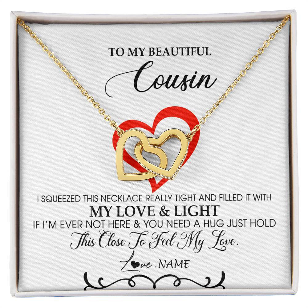 Interlocking Hearts Necklace 18K Yellow Gold Finish | Personalized To My Beautiful Cousin Necklace From Family Filled With My Love and Light Cousin Pendant Jewelry Birthday Christmas Customized Message Card | siriusteestore