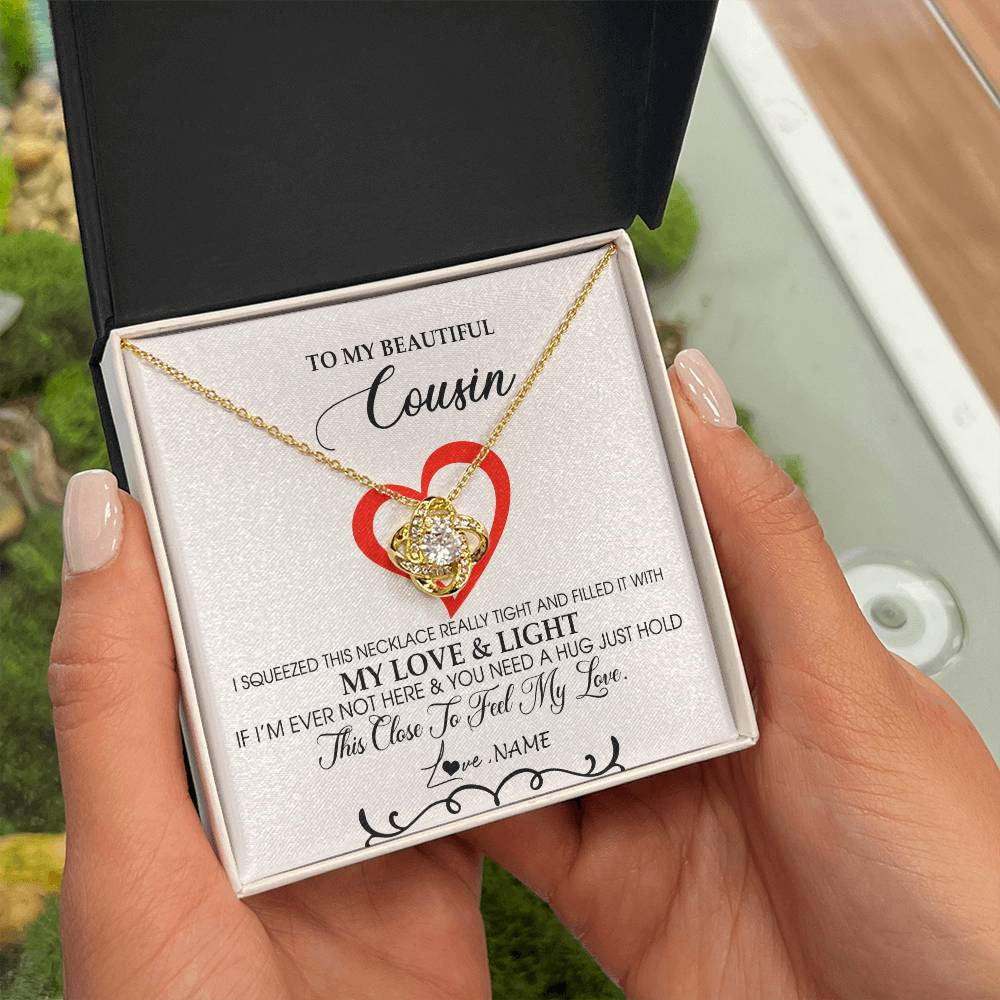 Love Knot Necklace 18K Yellow Gold Finish | Personalized To My Beautiful Cousin Necklace From Family Filled With My Love and Light Cousin Pendant Jewelry Birthday Christmas Customized Message Card | siriusteestore