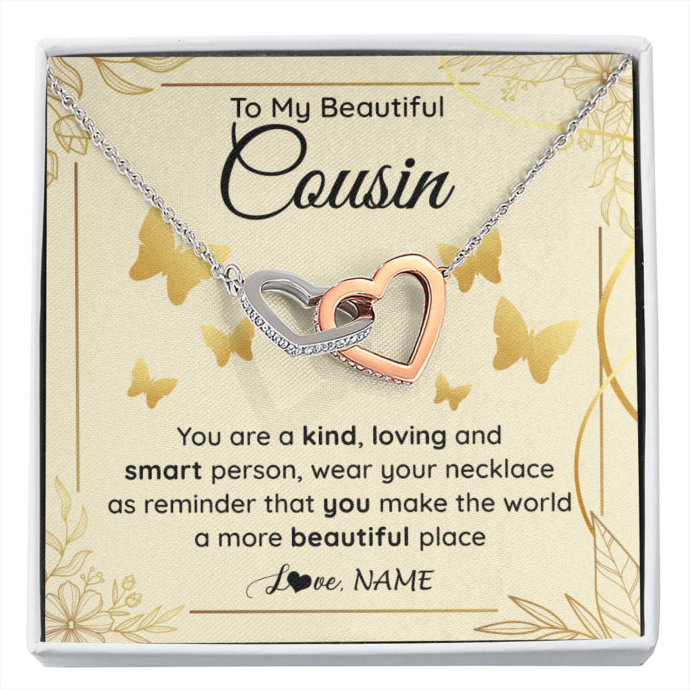 Interlocking Hearts Necklace Stainless Steel & Rose Gold Finish | 1 | Personalized To My Beautiful Cousin Necklace From Family You Are A Kind Loving Cousin Birthday Gifts Jewelry Christmas Customized Gift Box Message Card | siriusteestore