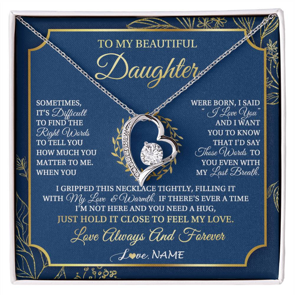Forever Love Necklace 14K White Gold Finish | 1 | Personalized To My Beautiful Daughter From Mom Dad Mother I Gripped This Necklace Daughter Jewelry Birthday Gifts Christmas Customized Gift Box Message Card | siriusteestore