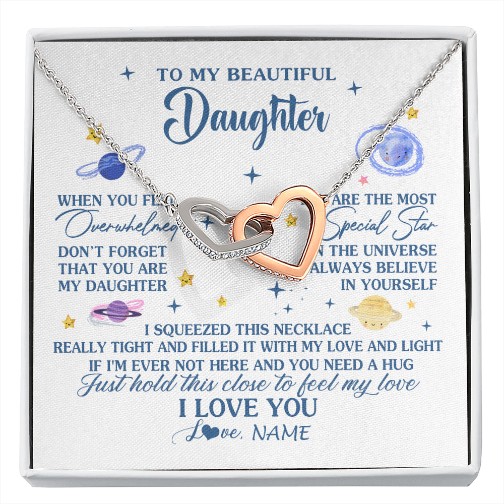 Interlocking Hearts Necklace Stainless Steel & Rose Gold Finish | 1 | Personalized To My Beautiful Daughter Gifs From Mom Necklace Inspirational Daughter Birthday Jewelry Graduation Christmas Customized Gift Box Message Card | siriusteestore