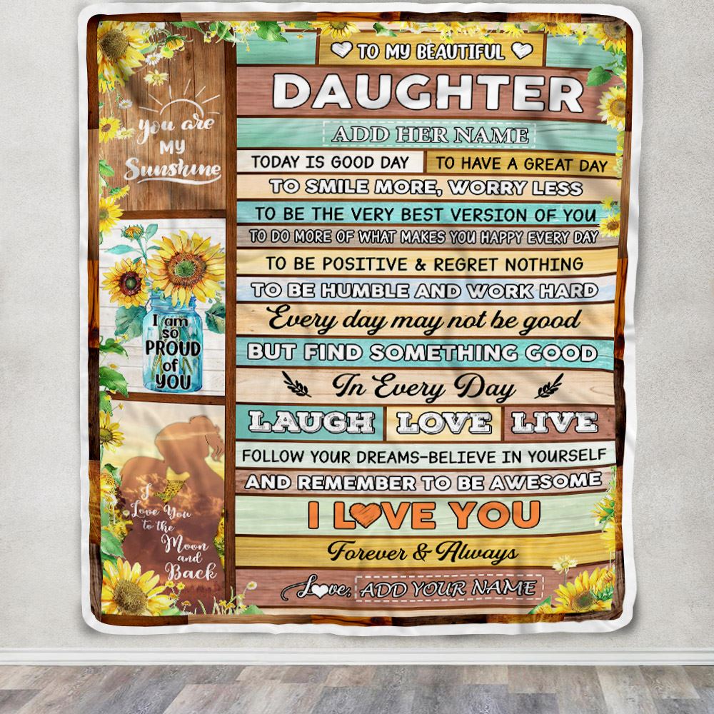 Personalized To My Beautiful Daughter Gifts Blanket From Mom Mother Wood Sunflower Gifts For Daughter Birthday Graduation Christmas Customized Fleece Blanket | siriusteestore