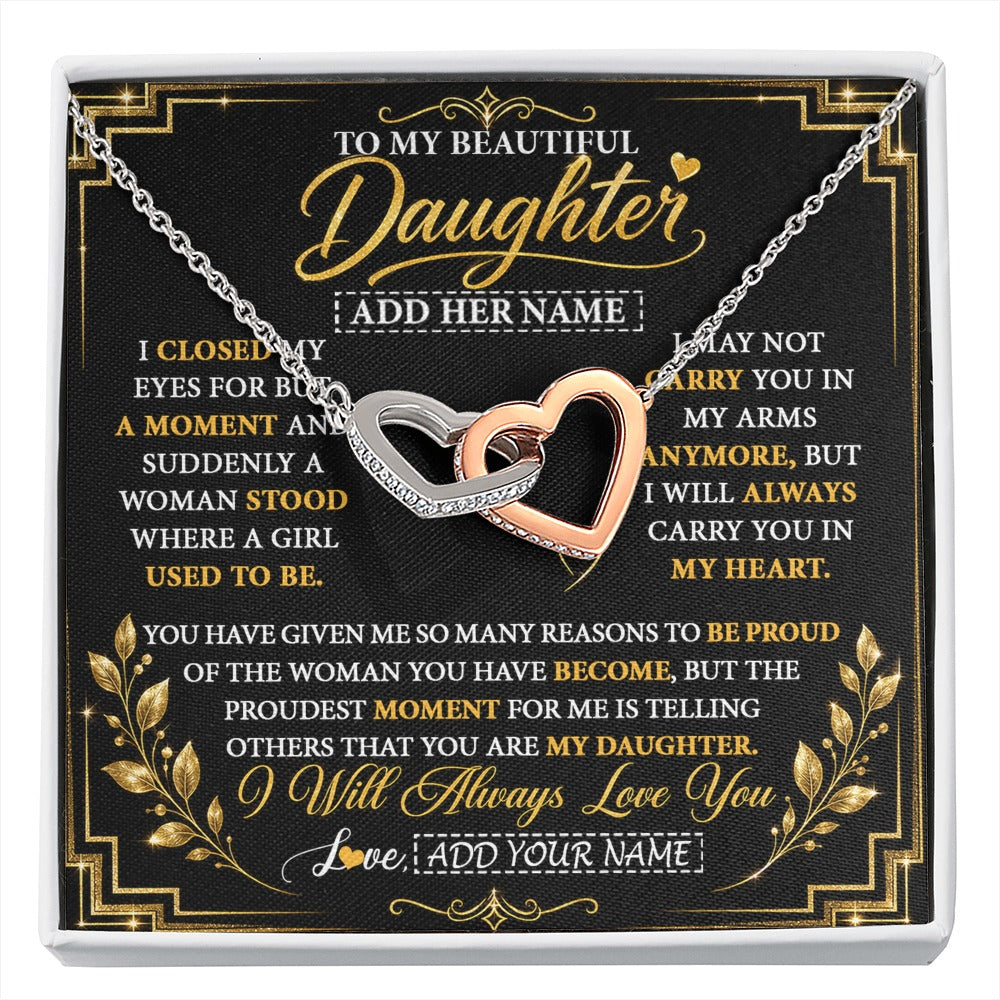 Interlocking Hearts Necklace Stainless Steel & Rose Gold Finish | 1 | Personalized To My Beautiful Daughter Gifts From Mom Dad Pendant Necklace I Close My Eyes Daughter Birthday Gifts Christmas Graduation Gift Box Message Card | https://siriusteestore.