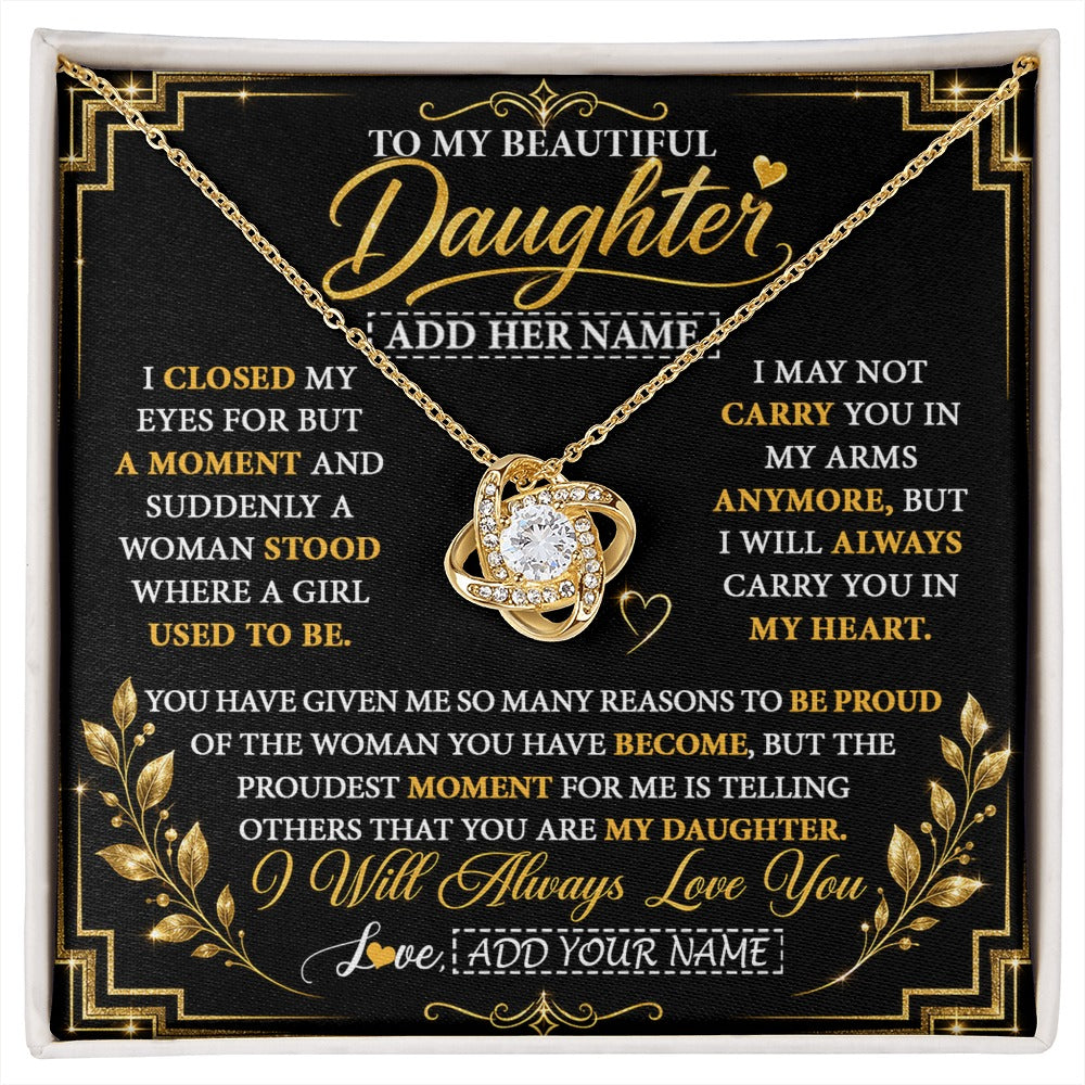Love Knot Necklace 18K Yellow Gold Finish | 1 | Personalized To My Beautiful Daughter Gifts From Mom Dad Pendant Necklace I Close My Eyes Daughter Birthday Gifts Christmas Graduation Gift Box Message Card | https://siriusteestore.