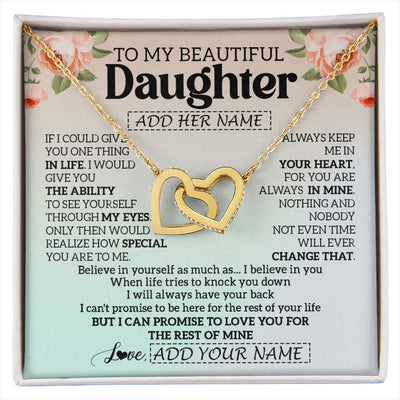 Interlocking Hearts Necklace 18K Yellow Gold Finish | 1 | Personalized To My Beautiful Daughter Gifts Necklace From Mom Dad Mother Love Jewelry For Daughter Birthday Christmas Customized Gift Box Message Card | siriusteestore