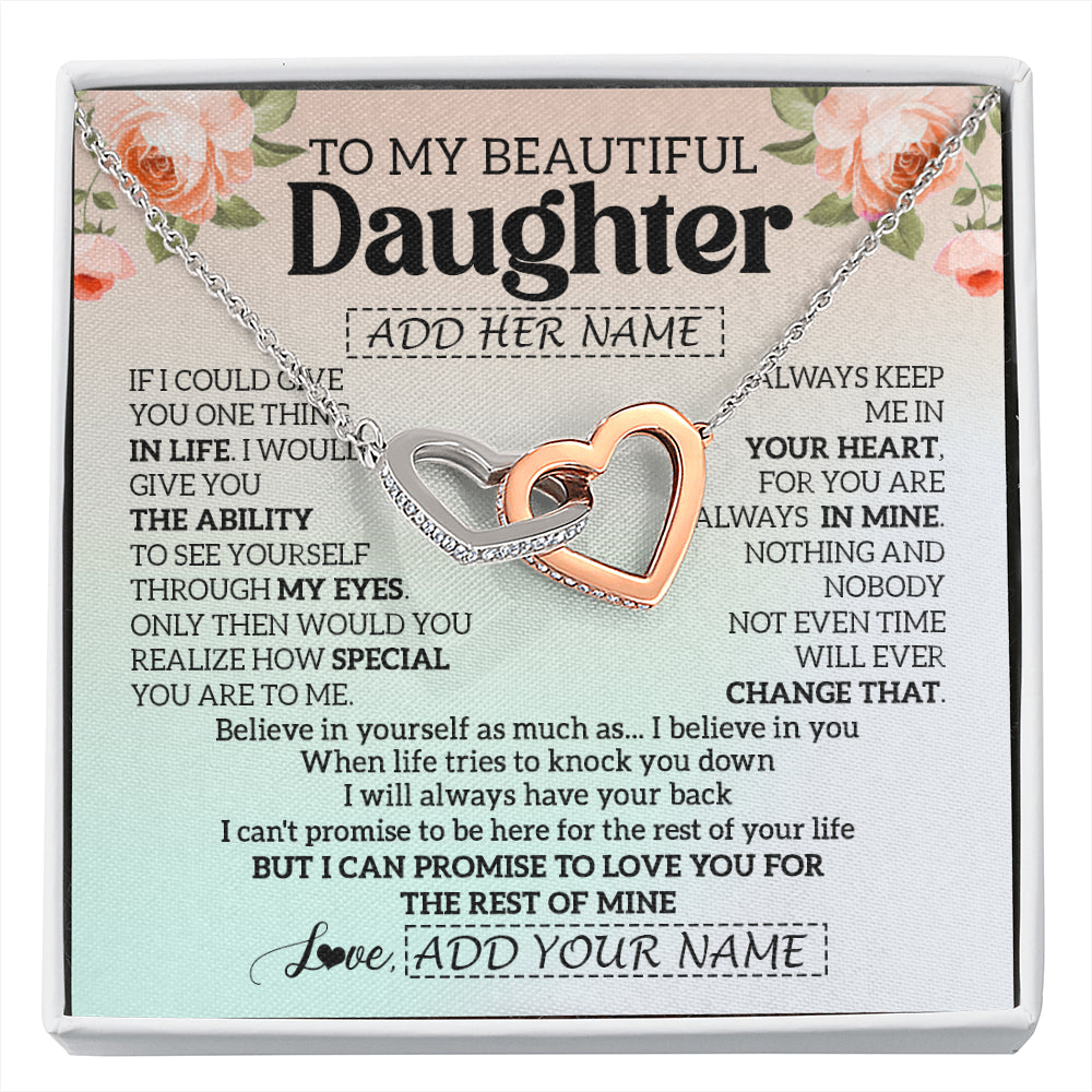 Interlocking Hearts Necklace Stainless Steel & Rose Gold Finish | 1 | Personalized To My Beautiful Daughter Gifts Necklace From Mom Dad Mother Love Jewelry For Daughter Birthday Christmas Customized Gift Box Message Card | siriusteestore