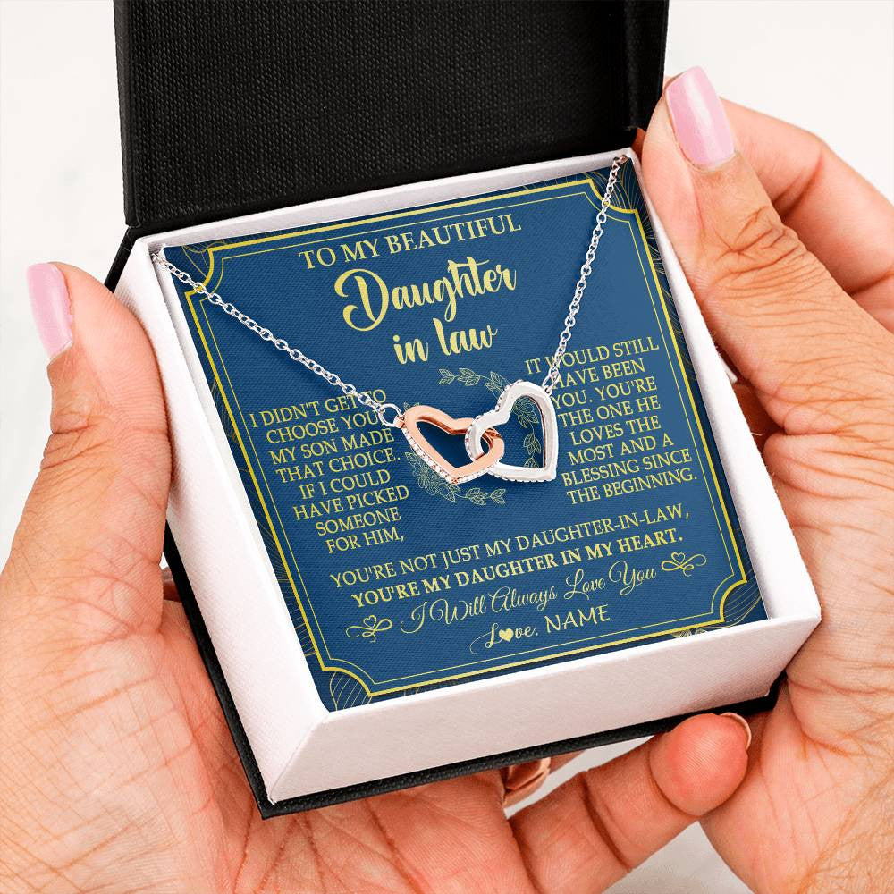 Interlocking Hearts Necklace Stainless Steel & Rose Gold Finish | 2 | Personalized To My Beautiful Daughter In Law Necklace From Mother In Law Daughter In My Heart Jewelry Birthday Gifts Christmas Customized Gift Box Message Card | siriusteestore