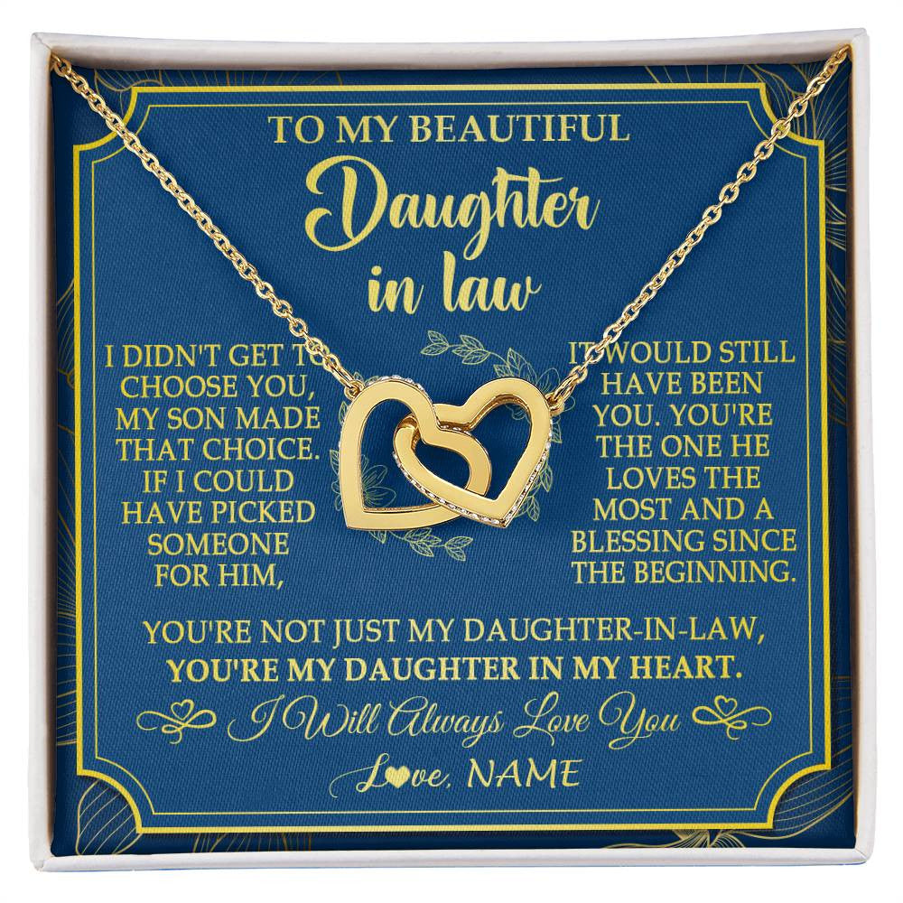Interlocking Hearts Necklace 18K Yellow Gold Finish | 1 | Personalized To My Beautiful Daughter In Law Necklace From Mother In Law Daughter In My Heart Jewelry Birthday Gifts Christmas Customized Gift Box Message Card | siriusteestore