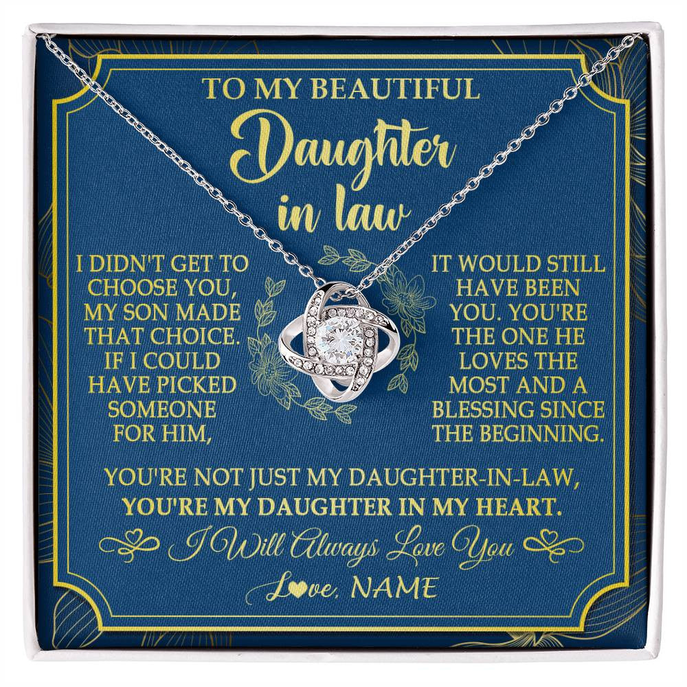 Love Knot Necklace 14K White Gold Finish | 1 | Personalized To My Beautiful Daughter In Law Necklace From Mother In Law Daughter In My Heart Jewelry Birthday Gifts Christmas Customized Gift Box Message Card | siriusteestore