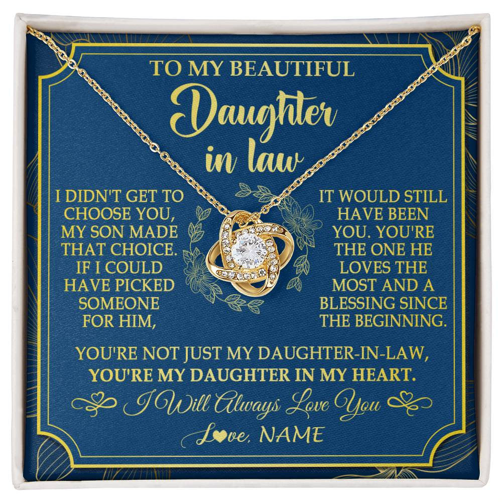 Love Knot Necklace 18K Yellow Gold Finish | 1 | Personalized To My Beautiful Daughter In Law Necklace From Mother In Law Daughter In My Heart Jewelry Birthday Gifts Christmas Customized Gift Box Message Card | siriusteestore