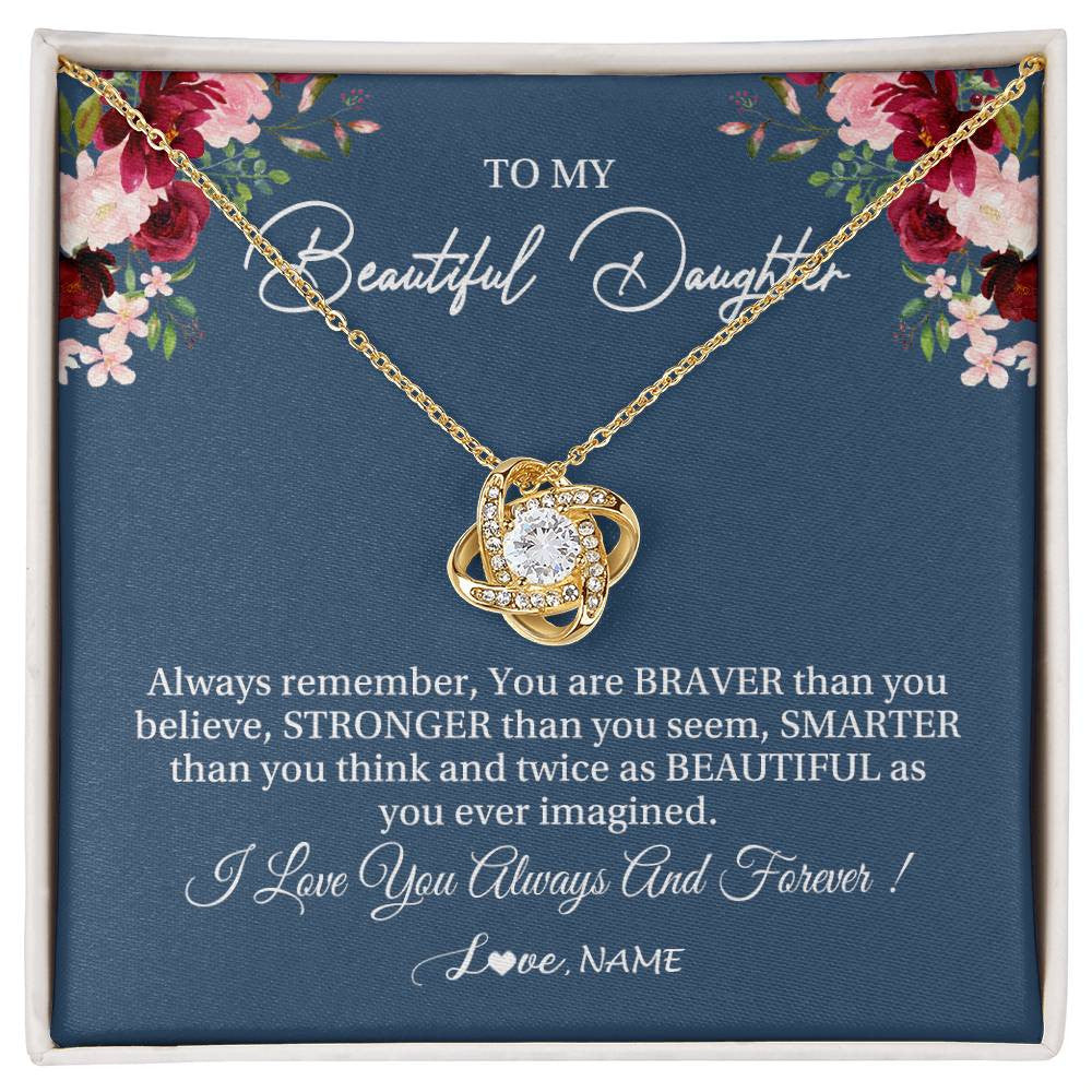Love Knot Necklace 18K Yellow Gold Finish | Personalized To My Beautiful Daughter Necklace From Dad Mom Braver Stronger Smarter Daughter Jewelry Birthday Graduation Christmas Customized Message Card | siriusteestore