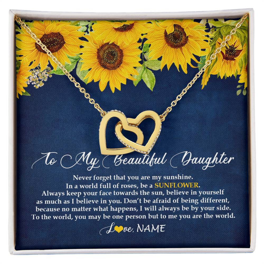 Interlocking Hearts Necklace 18K Yellow Gold Finish | Personalized To My Beautiful Daughter Necklace From Mom Dad Be A Sunflower My Sunshine Daughter Birthday Christmas Jewelry Customized Gift Box Message Card | siriusteestore