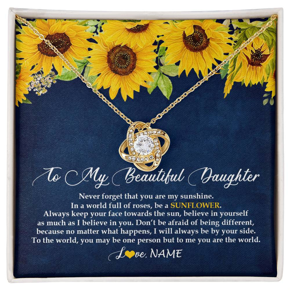 Love Knot Necklace 18K Yellow Gold Finish | Personalized To My Beautiful Daughter Necklace From Mom Dad Be A Sunflower My Sunshine Daughter Birthday Christmas Jewelry Customized Gift Box Message Card | siriusteestore