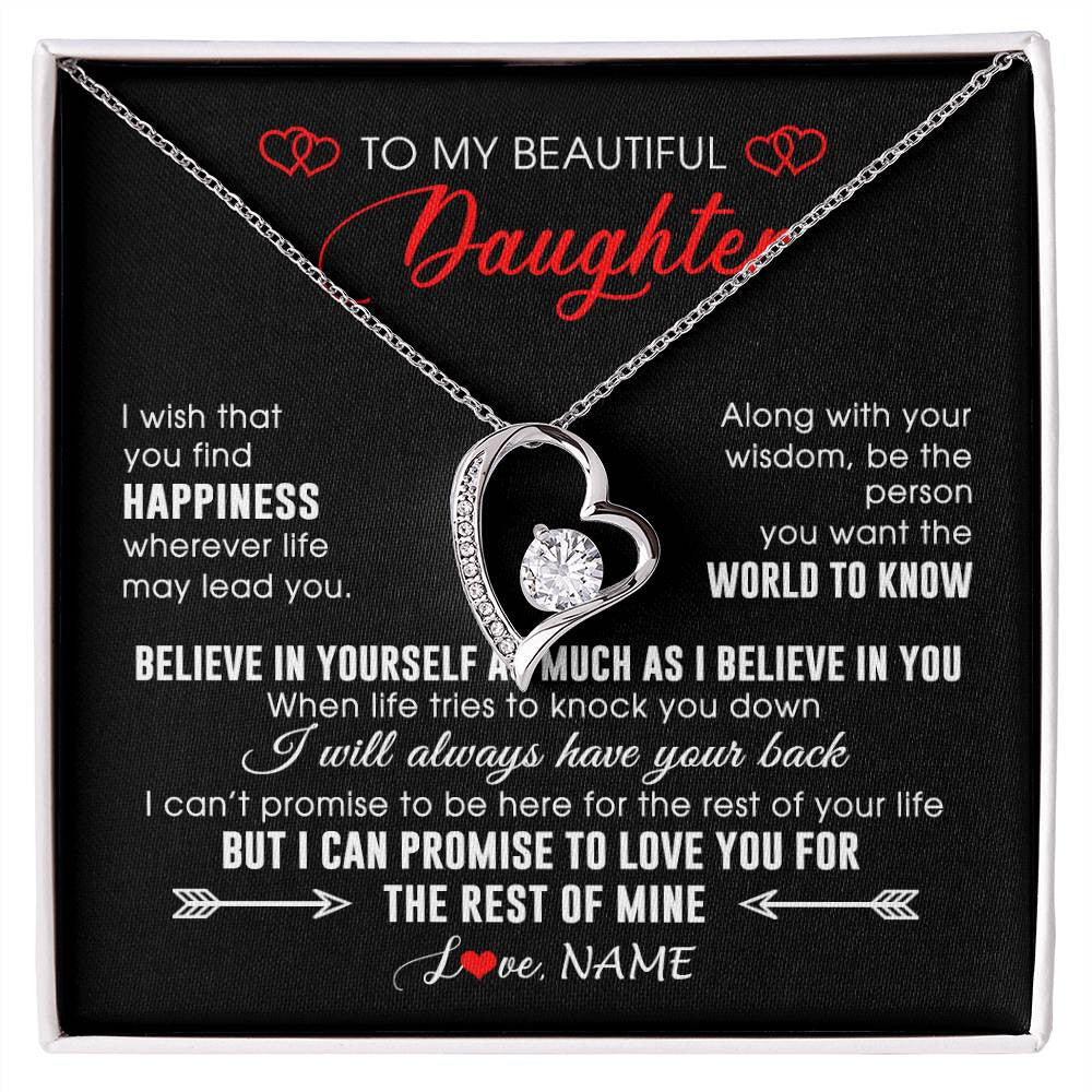 Forever Love Necklace 14K White Gold Finish | Personalized To My Beautiful Daughter Necklace From Mom Dad Happiness Wherever Life Daughter Birthday Graduation Christmas Customized Gift Box Message Card | siriusteestore