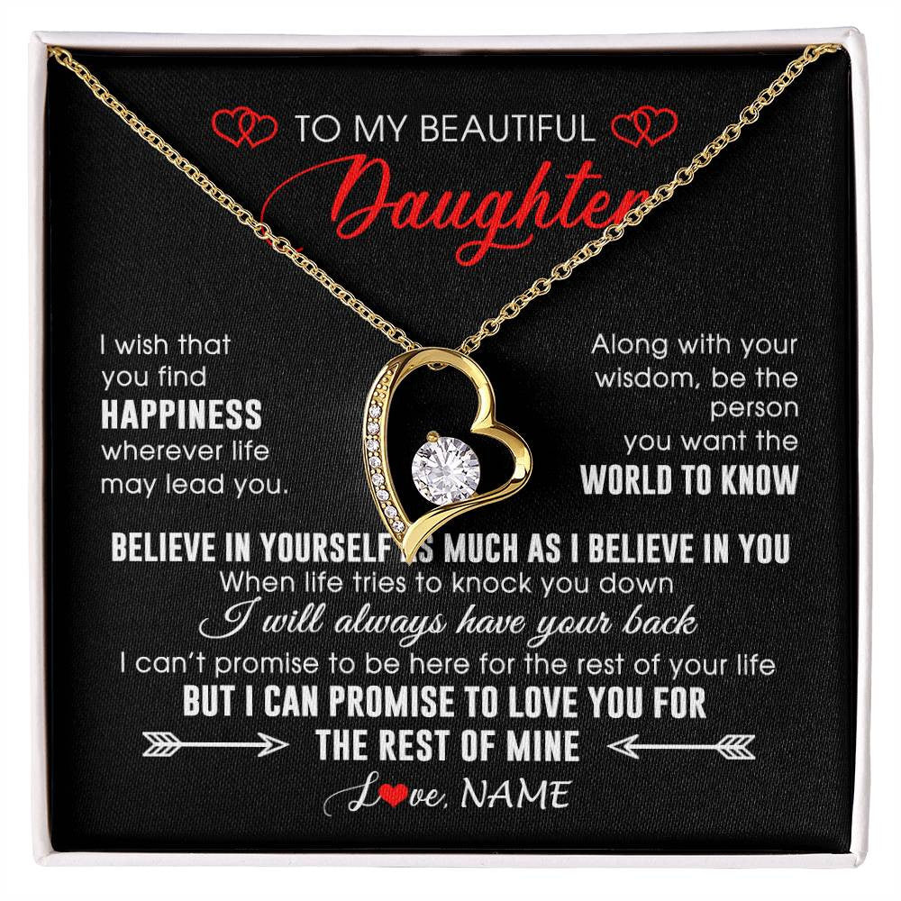 Forever Love Necklace 18K Yellow Gold Finish | Personalized To My Beautiful Daughter Necklace From Mom Dad Happiness Wherever Life Daughter Birthday Graduation Christmas Customized Gift Box Message Card | siriusteestore