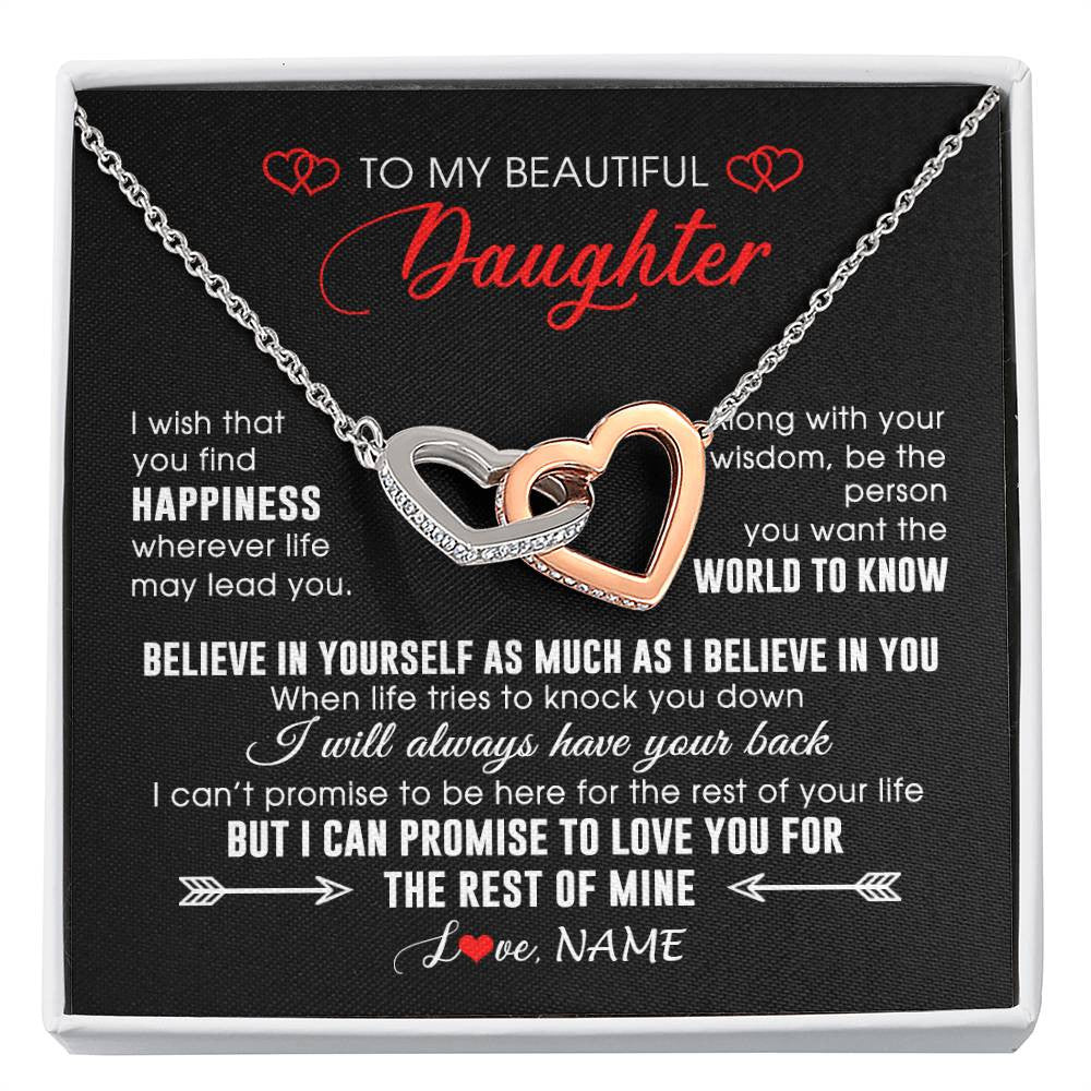 Interlocking Hearts Necklace Stainless Steel & Rose Gold Finish | Personalized To My Beautiful Daughter Necklace From Mom Dad Happiness Wherever Life Daughter Birthday Graduation Christmas Customized Gift Box Message Card | siriusteestore