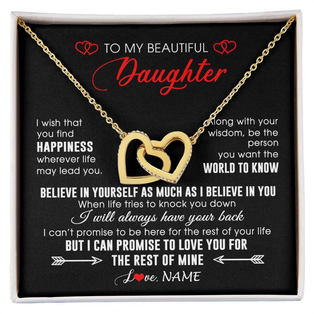 Interlocking Hearts Necklace 18K Yellow Gold Finish | Personalized To My Beautiful Daughter Necklace From Mom Dad Happiness Wherever Life Daughter Birthday Graduation Christmas Customized Gift Box Message Card | siriusteestore