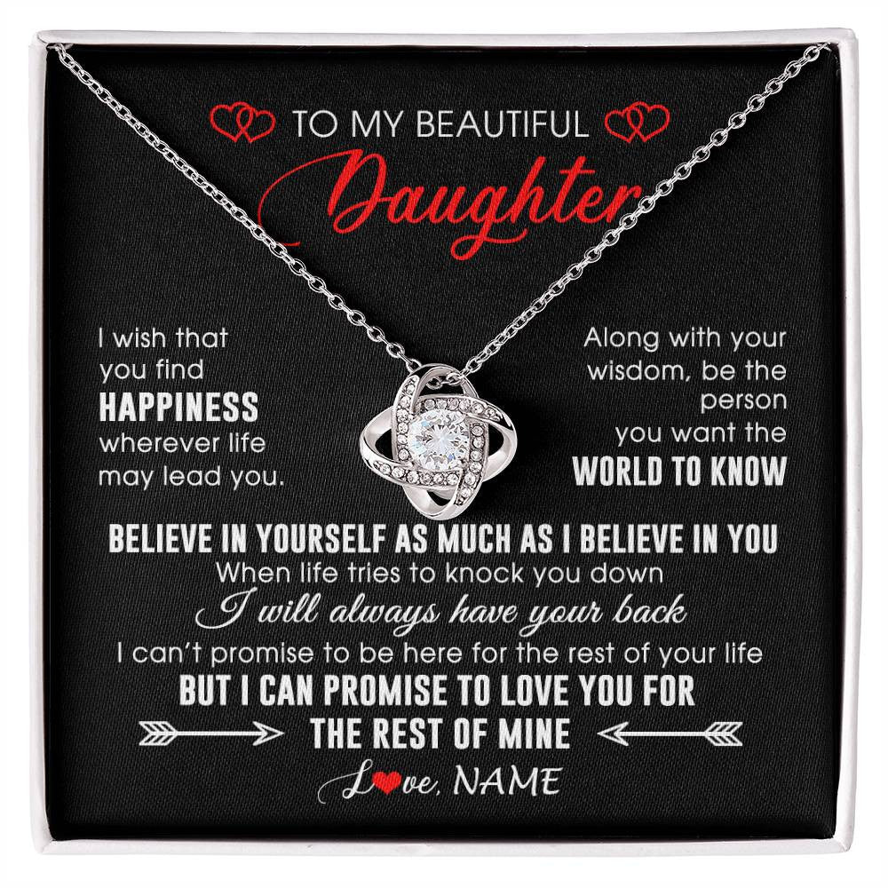 Love Knot Necklace 14K White Gold Finish | Personalized To My Beautiful Daughter Necklace From Mom Dad Happiness Wherever Life Daughter Birthday Graduation Christmas Customized Gift Box Message Card | siriusteestore