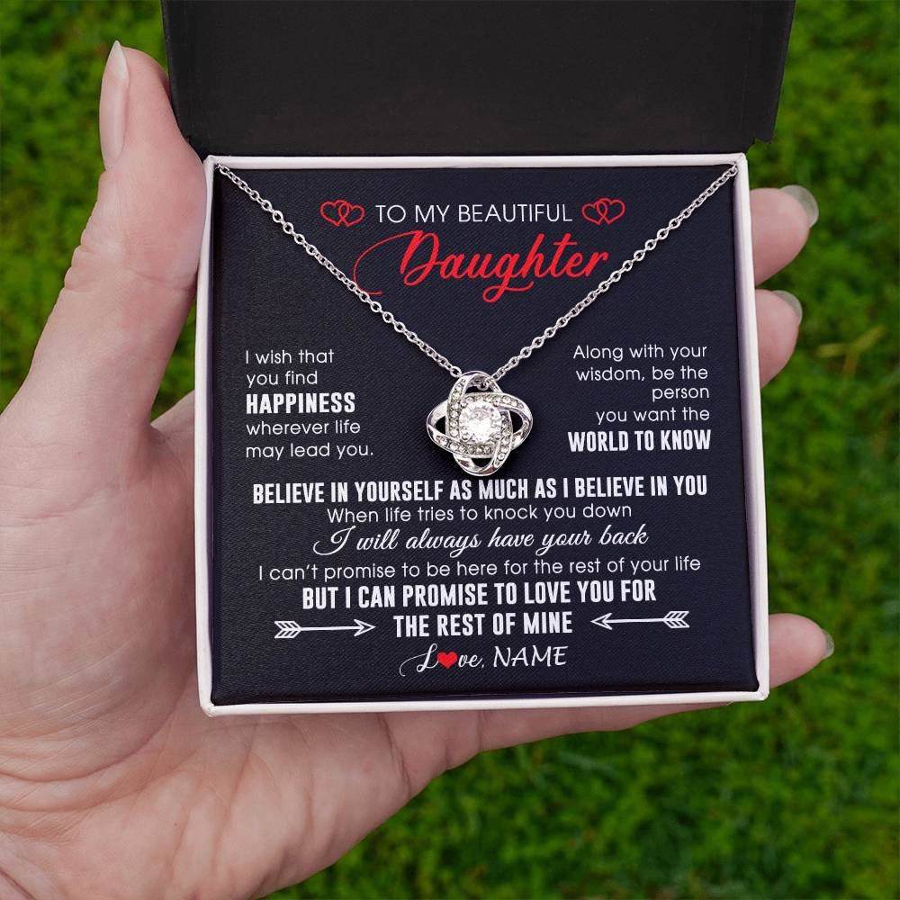 Love Knot Necklace 14K White Gold Finish | Personalized To My Beautiful Daughter Necklace From Mom Dad Happiness Wherever Life Daughter Birthday Graduation Christmas Customized Gift Box Message Card | siriusteestore