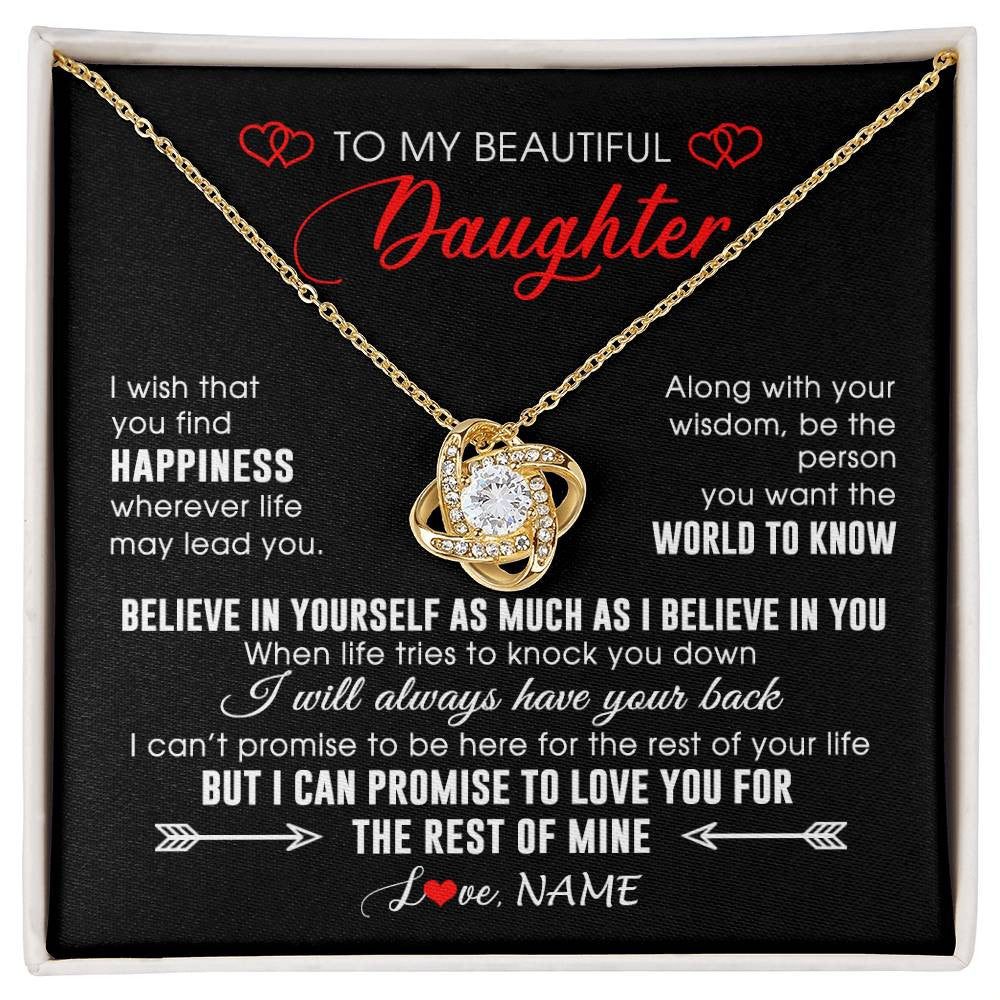 Love Knot Necklace 18K Yellow Gold Finish | Personalized To My Beautiful Daughter Necklace From Mom Dad Happiness Wherever Life Daughter Birthday Graduation Christmas Customized Gift Box Message Card | siriusteestore