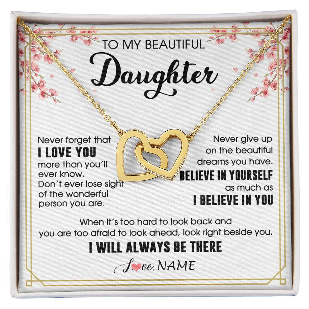 Interlocking Hearts Necklace 18K Yellow Gold Finish | 1 | Personalized To My Beautiful Daughter Necklace From Mom Dad I Love You Believe In You Daughter Birthday Gifts Christmas Customized Gift Box Message Card | siriusteestore