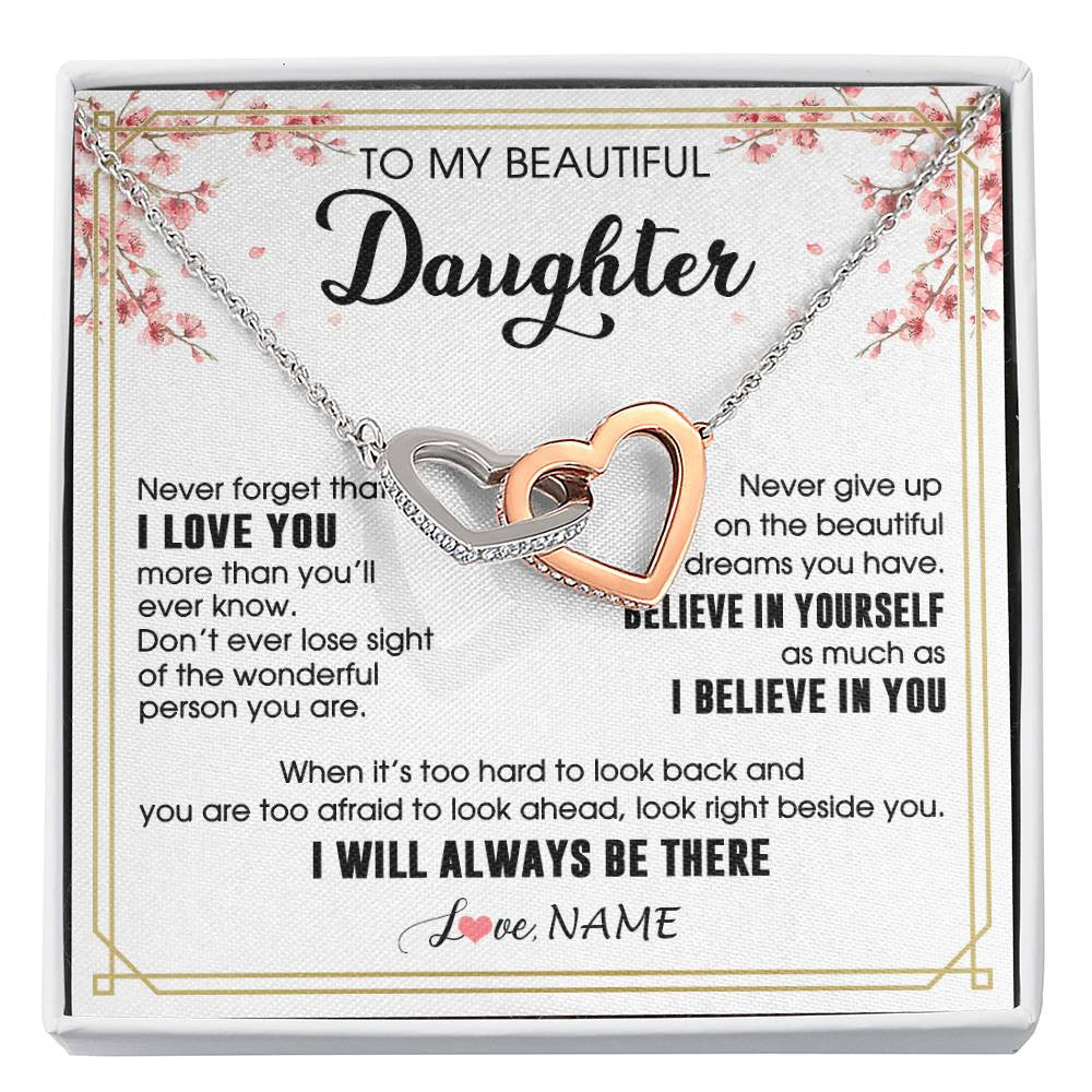 Interlocking Hearts Necklace Stainless Steel & Rose Gold Finish | 1 | Personalized To My Beautiful Daughter Necklace From Mom Dad I Love You Believe In You Daughter Birthday Gifts Christmas Customized Gift Box Message Card | siriusteestore