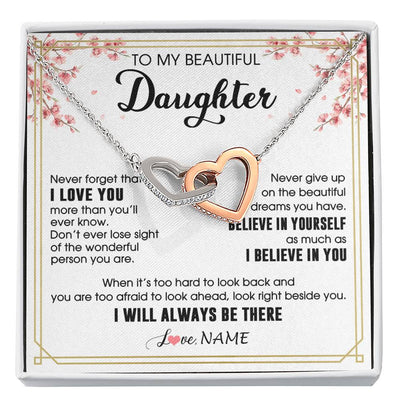 Interlocking Hearts Necklace Stainless Steel & Rose Gold Finish | 1 | Personalized To My Beautiful Daughter Necklace From Mom Dad I Love You Believe In You Daughter Birthday Gifts Christmas Customized Gift Box Message Card | siriusteestore