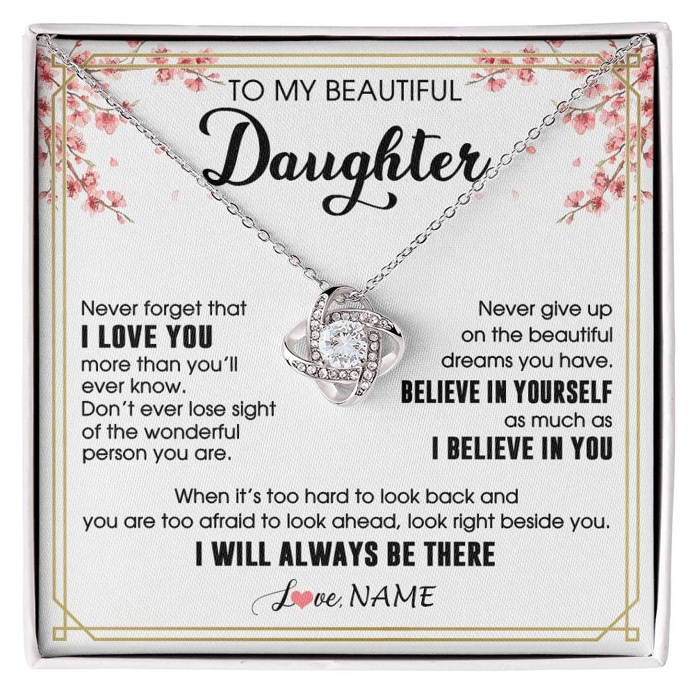 Love Knot Necklace 14K White Gold Finish | 1 | Personalized To My Beautiful Daughter Necklace From Mom Dad I Love You Believe In You Daughter Birthday Gifts Christmas Customized Gift Box Message Card | siriusteestore