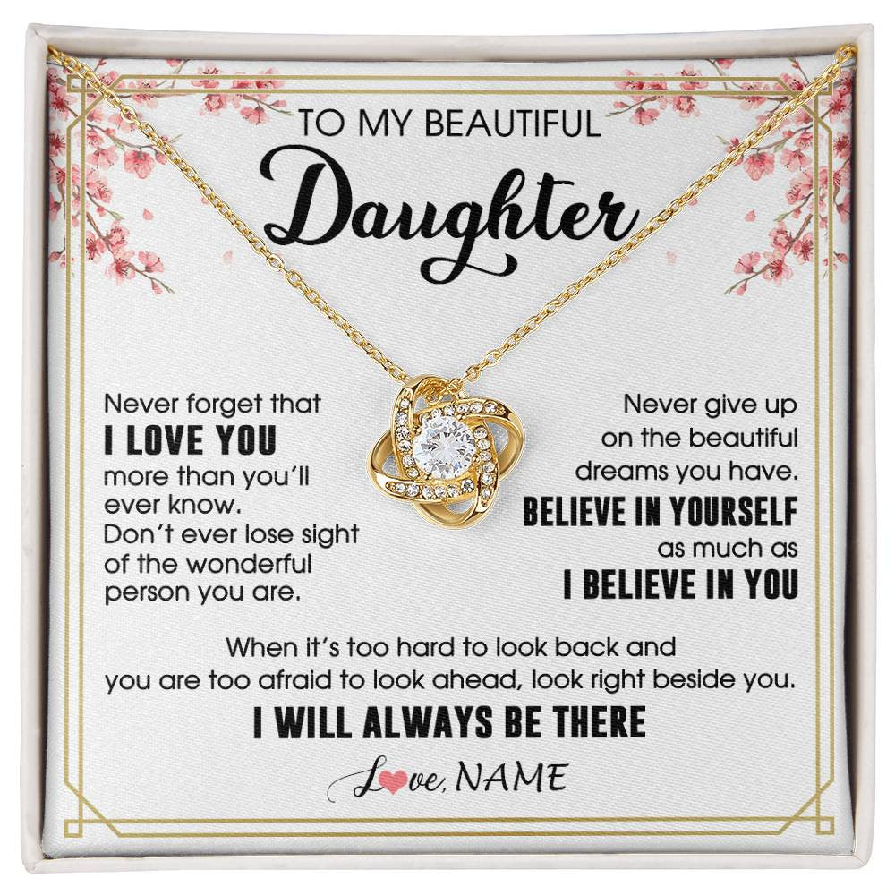 Love Knot Necklace 18K Yellow Gold Finish | 1 | Personalized To My Beautiful Daughter Necklace From Mom Dad I Love You Believe In You Daughter Birthday Gifts Christmas Customized Gift Box Message Card | siriusteestore